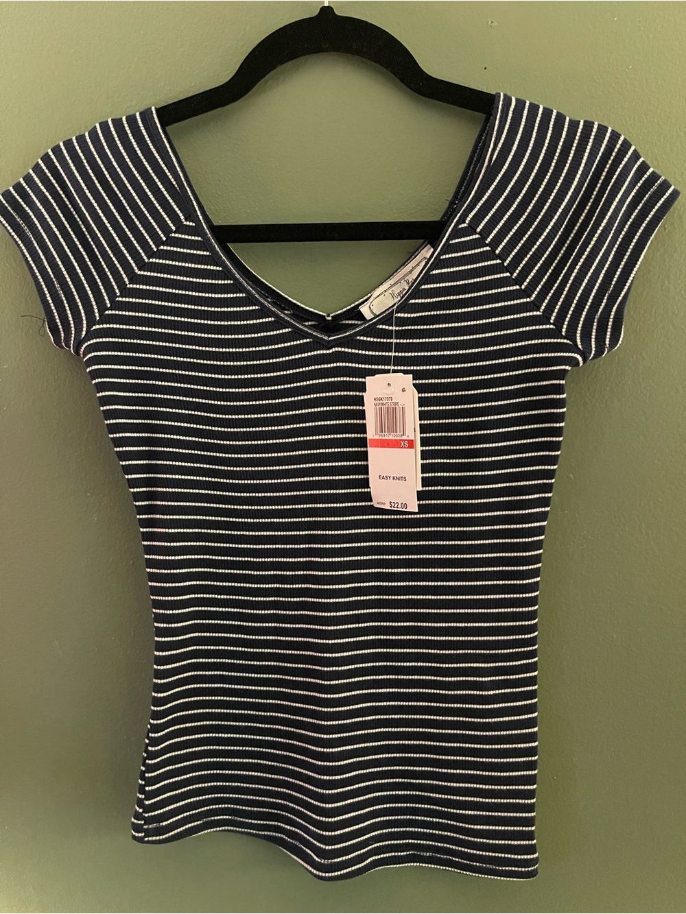 Navy and White Striped V-Neck Short Sleeve Tee